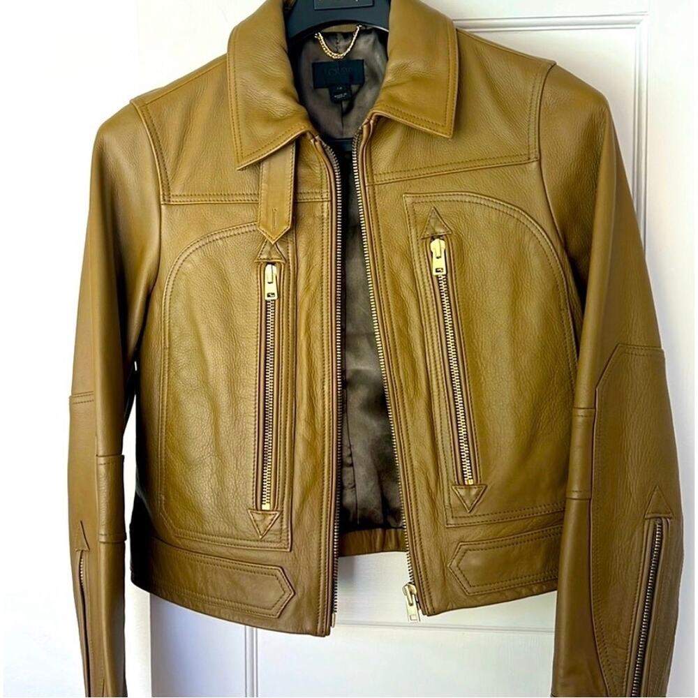 J. Crew Collection Olive Green Leather Motorcycle Jacket Women's Sz. 0